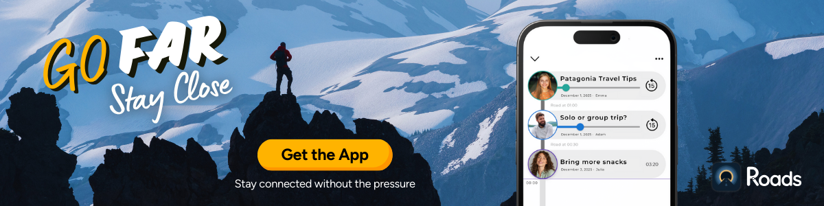 A picture of someone on an adventure in the mountains while showing the UI of Roads Audio and how to keep up with family & friends. 