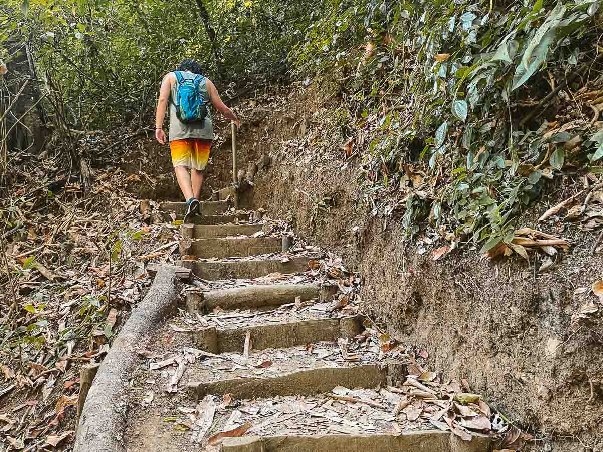 Taking the stairs at the montezuma waterfalls to the top waterfall. This costs 2000 CRC and will leave you out of breath!