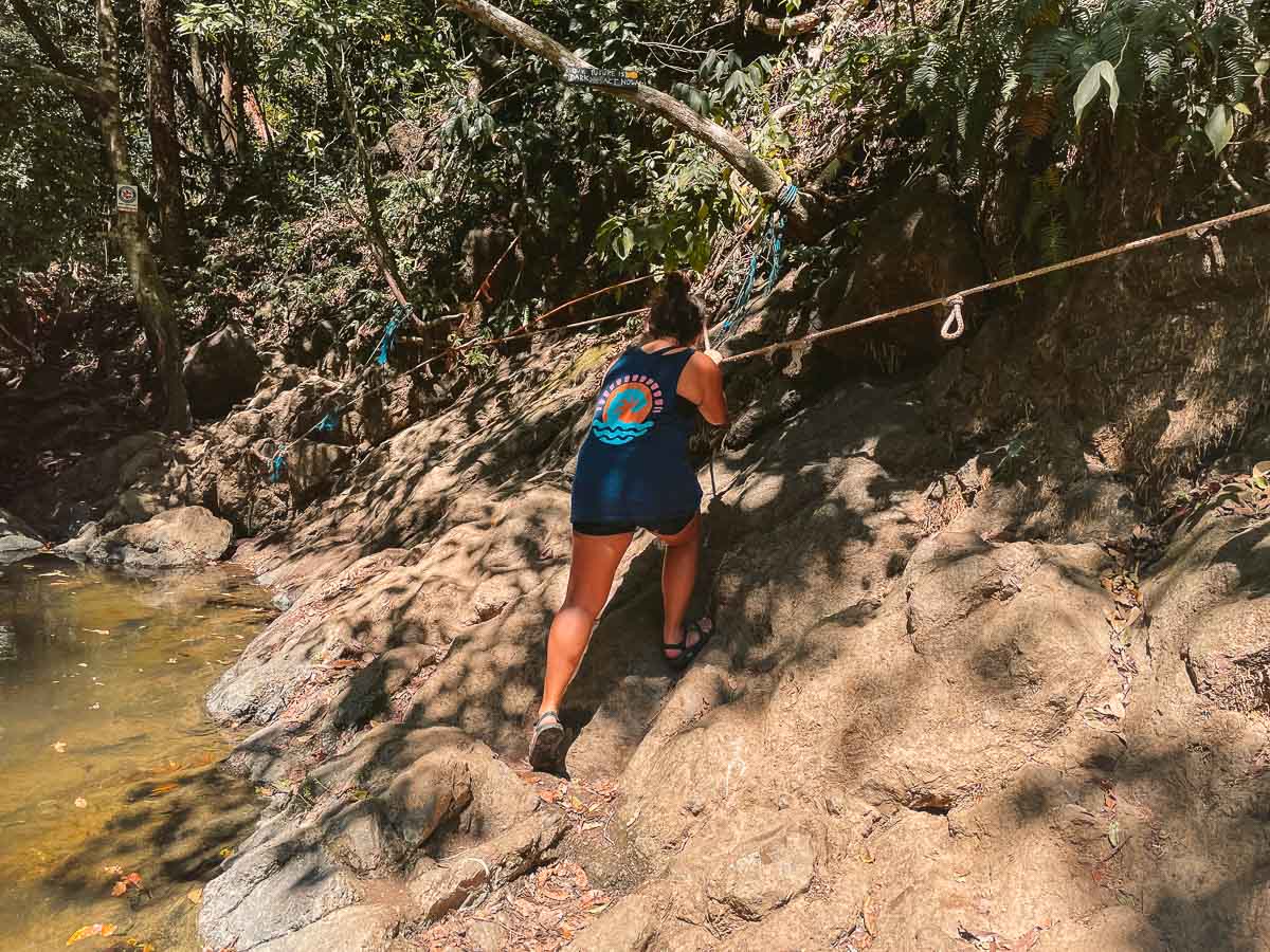 Walking along the rope to the Montezuma Waterfalls.