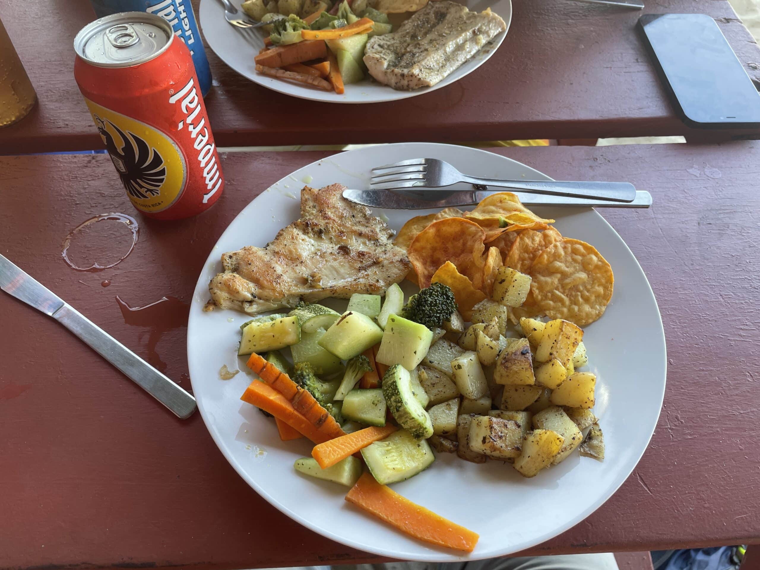 My lunch which consists of chicken, chips, potatoes, and vegetables during our Tortuga Island tour.  