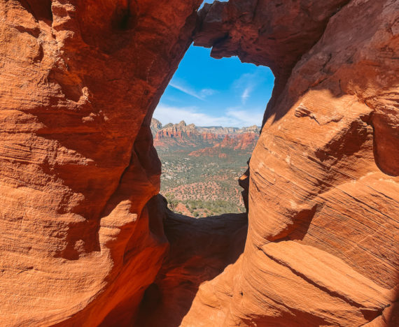The view through the Schnebly hill windows. You can see the stunning red mountains of Sedona in the background.