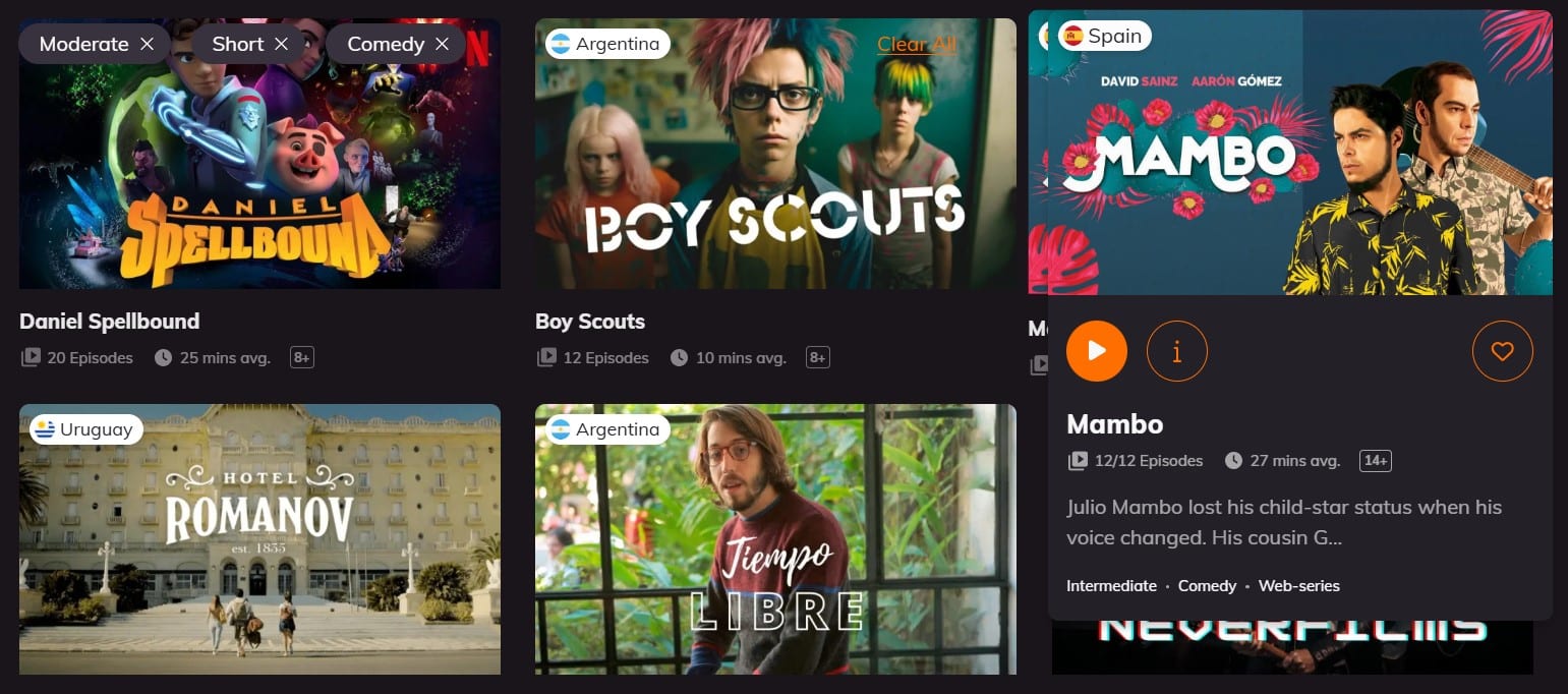 A list of the Lingopie Catelog that shows what shows they offer.