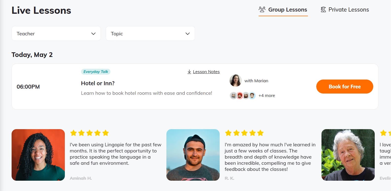 A list of live group lessons for Spanish on Lingopie