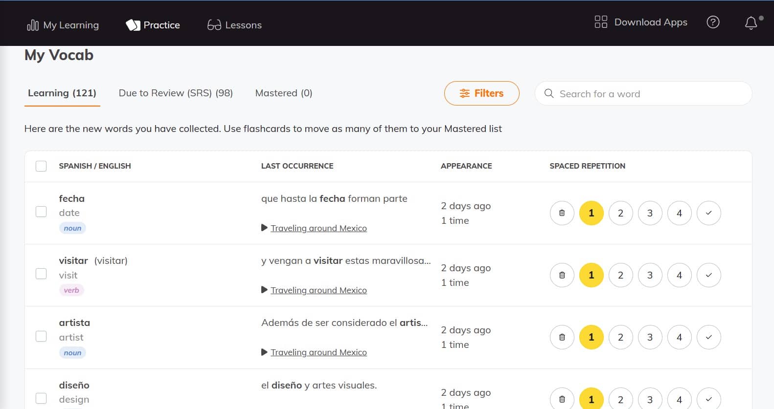 List of vocab words on my Lingopie account