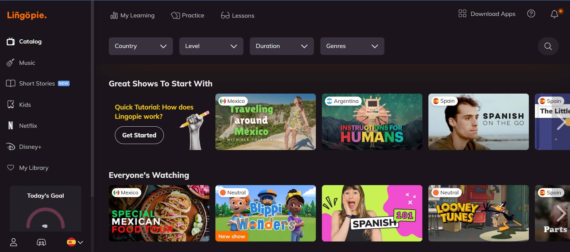 The front page of Lingopie showing the different shows they offer and the filters you can apply