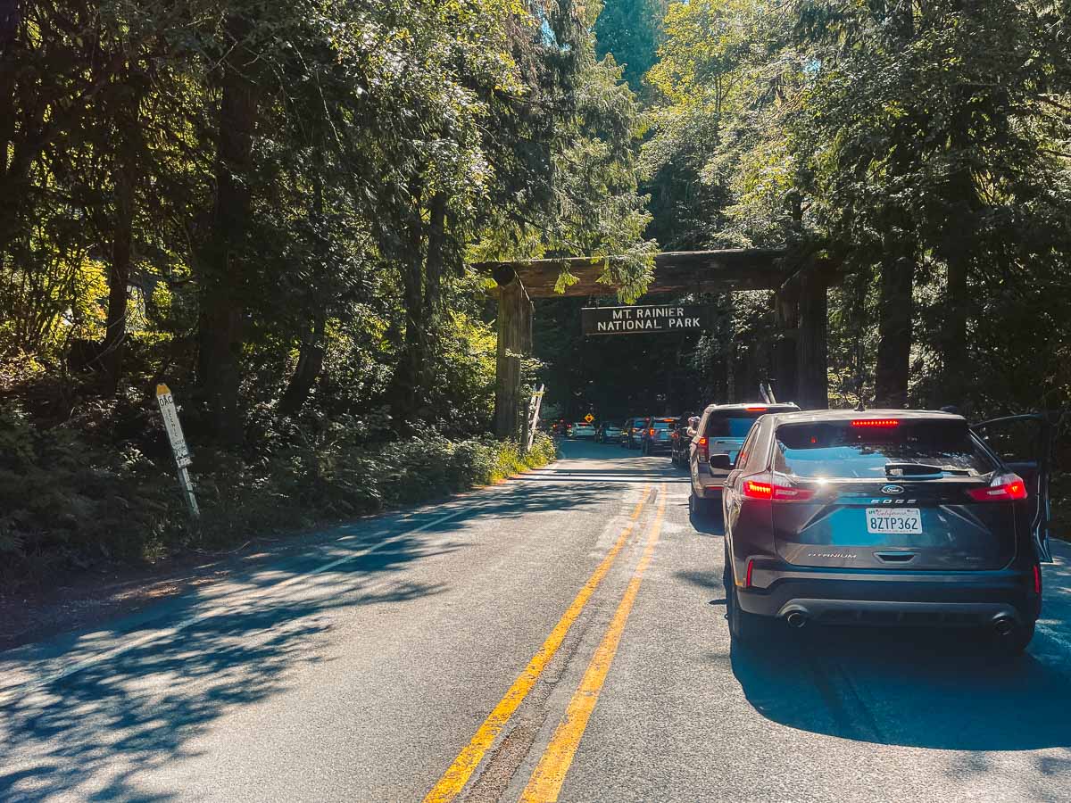 Waiting in a line of cars at the entrance of Mt. Rainier National Park
