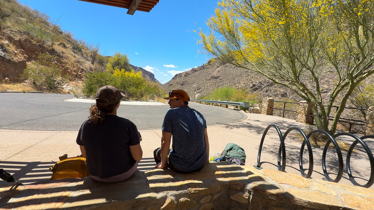 Waiting on the benches for the shuttle at the end of Sabino Canyon road. 