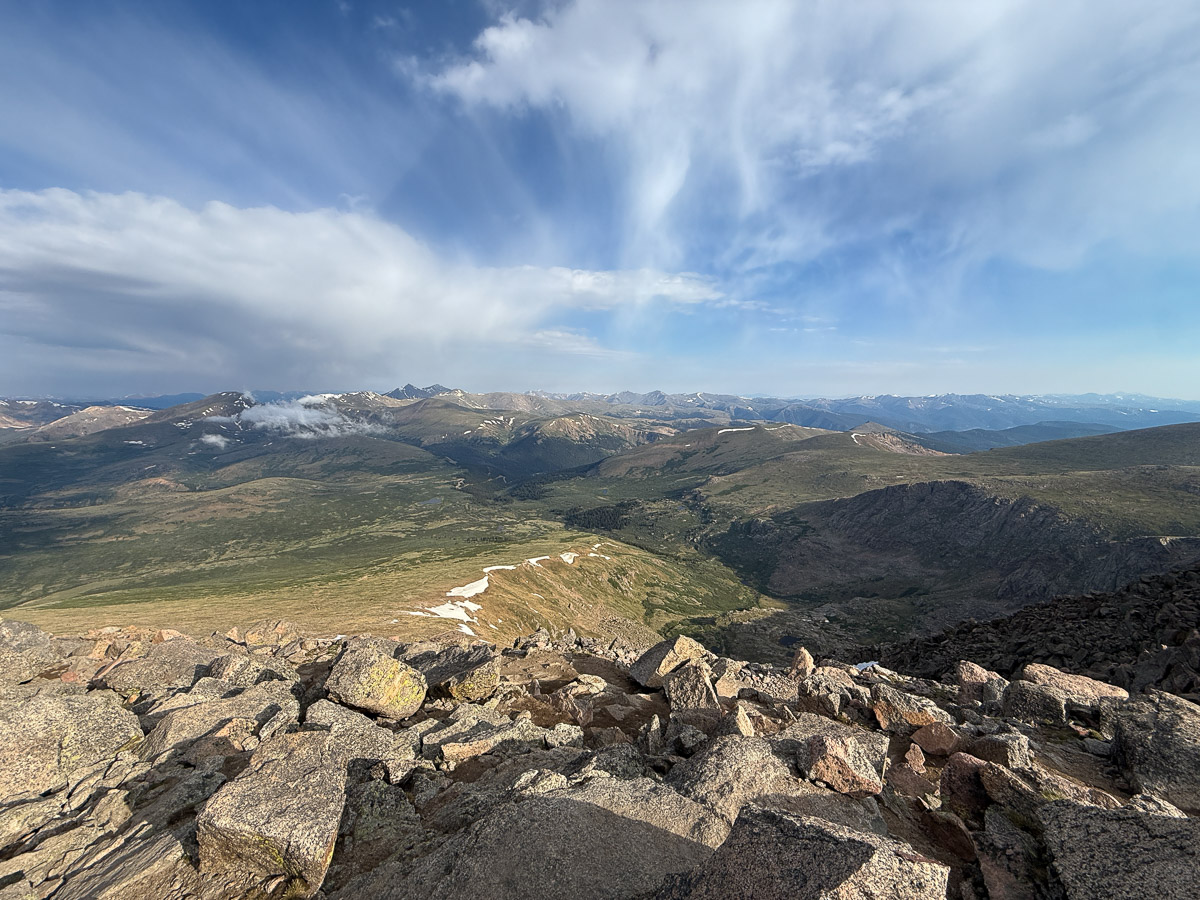 View point from the beginning of the rock scramble to the summit of Mount Bierstadt.