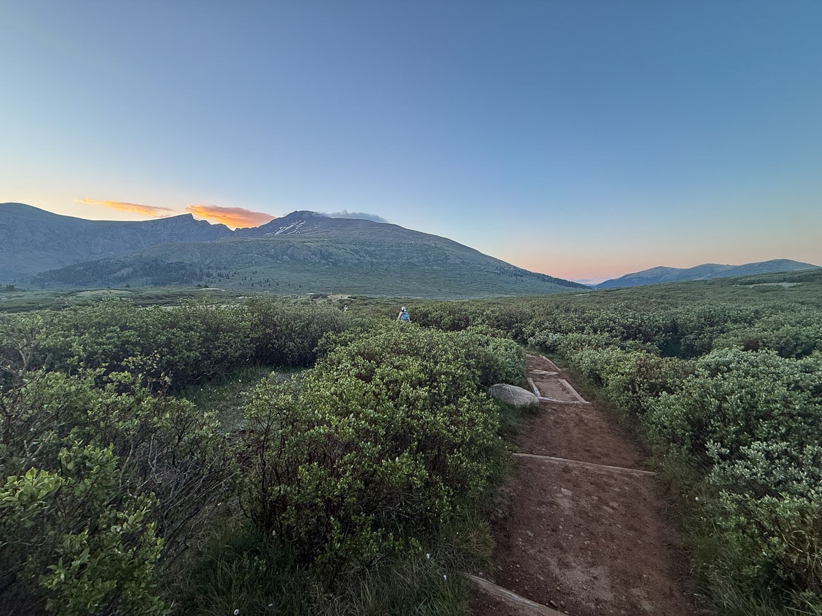 The beginning on the Mount Bierstadt trail through the marshes with the mountains in the background. 